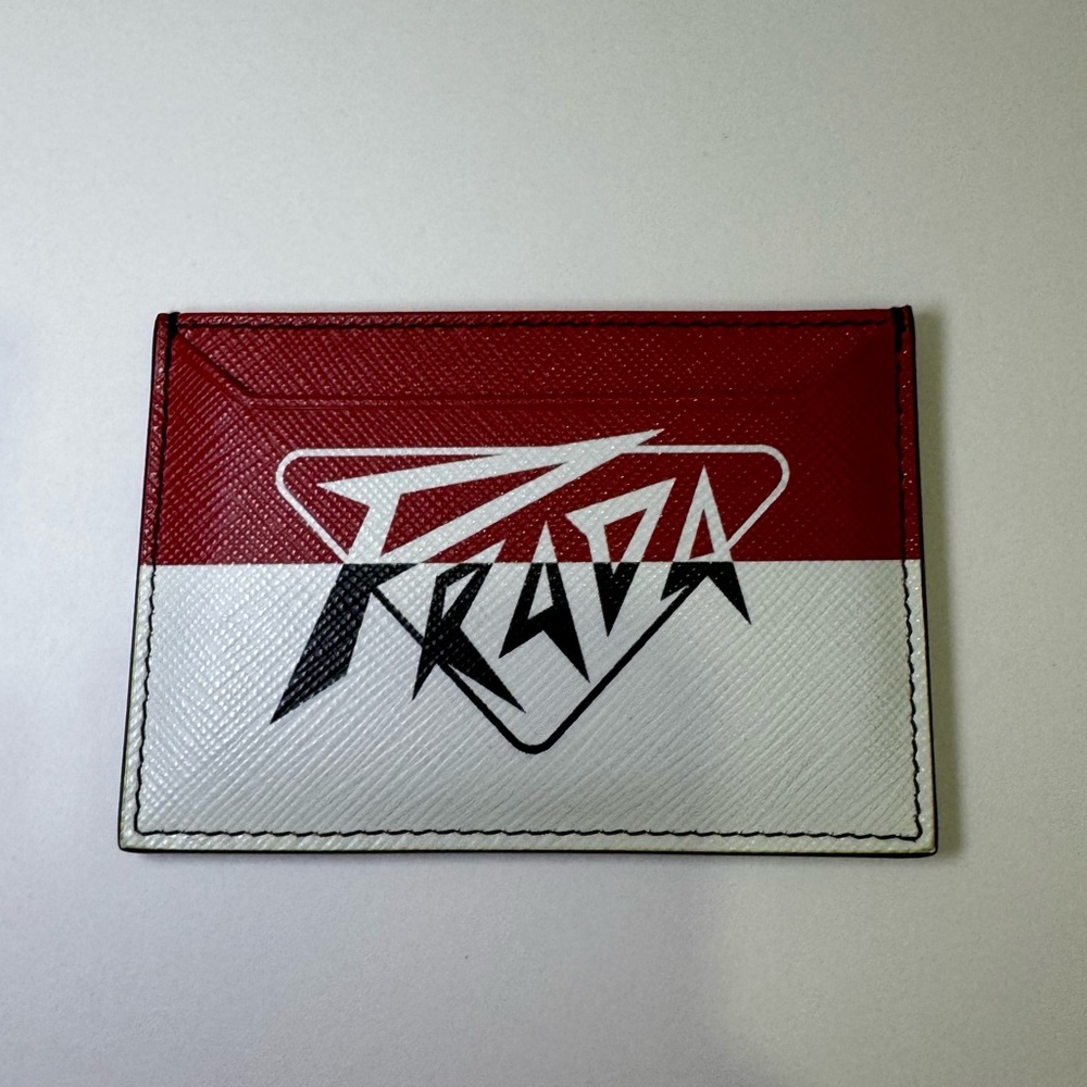 Prada Leather Card Holder in Red and White Saffiano Leather